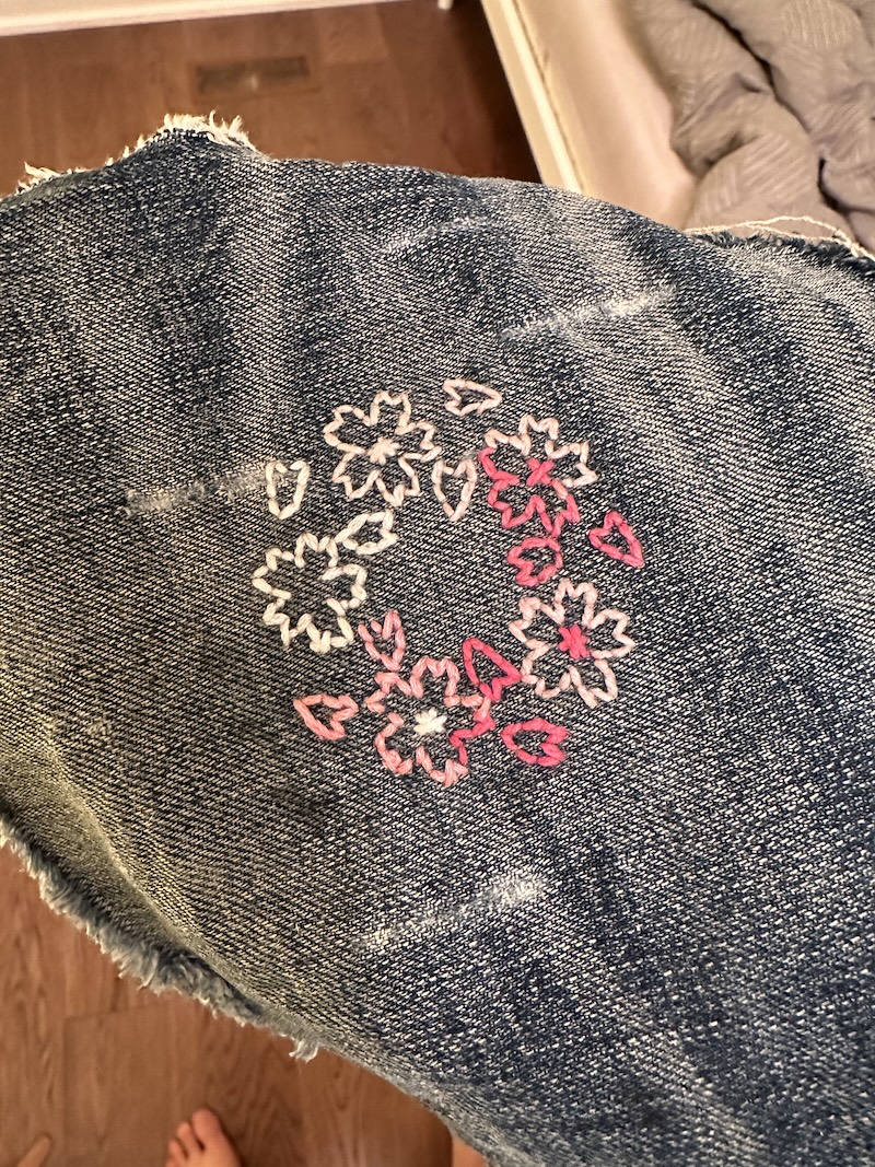 Sakura stitching pattern on scrap fabric
